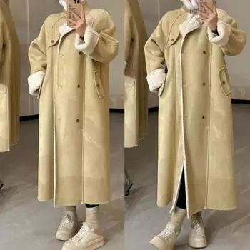 Temperament меховая куртка женская осенне-зимняя утолщенная теплая с длинным воротником-стойкой из замши с имитацией ягненка, плюшевый мех интегрированный S