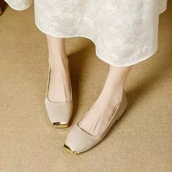 Temperament Metal Square Head Shallow Mouth Flat Bottom Casual Single Shoes Womens 2024 Spring and Summer New Universal Commuter Low Heel G 34 абрикосовый