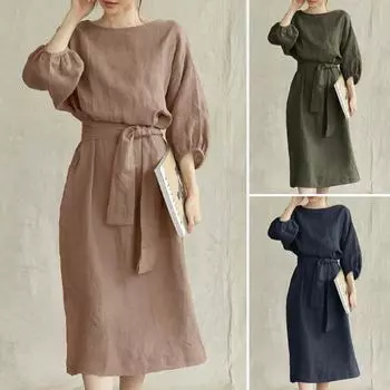 Temperament Mid-length High-waist Lace-up Solid Color Round Neck Dress Ladies Party Dress 5XL