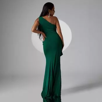 Темперамент Модное одно плечо без рукавов Тонкое длинное платье с запахом на бедрах Банкетное вечернее платье S зелёный
