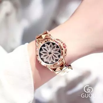 Темперамент, модные, простые и трендовые женские водонепроницаемые часы со стальным ремешком и вращающимися кварцевыми часами со стразами