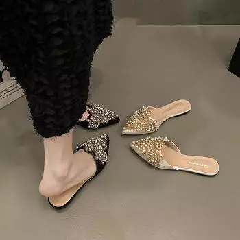 Temperament National Style Baotou Lace Женская обувь Плоские остроносые полутапочки Женские тапочки Xia Liang Ленивые тапочки со стразами и жемчугом 35 бежевый