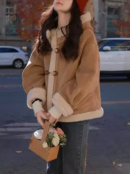 Темперамент нежное меховое интегрированное пальто из овечьей шерсти женское зимнее с капюшоном ретро утолщенная хлопковая одежда XS