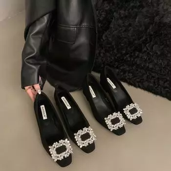 Temperament niche French thick heel temperament single shoes women s shoes 202g4 new black rhinestones sense evening breeze commute 35 чёрный