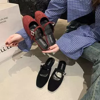 Темперамент новые ленивые мешковатые полутапочки французские одинарные туфли 2025 полутапочки женская летняя одежда маленькие ароматные ветровая нагрузка одинарные туфли 35 чёрный