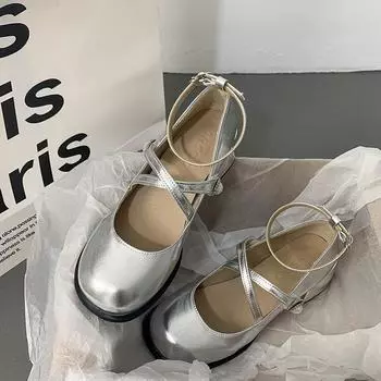 Temperament pearl silver Mary Jane shoes women s spring and autumn retro high heels cross buckle strap thick heel single shoes 34