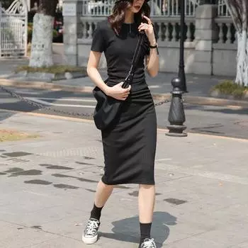 Temperament Платье для похудения с завязками на талии, летнее хлопковое утягивающее платье длиной выше колена с короткими рукавами S чёрный
