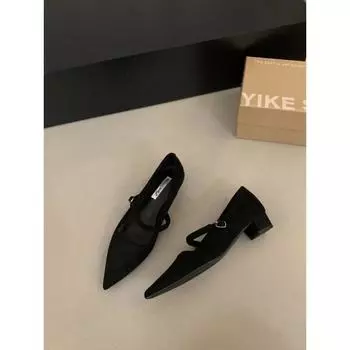 Temperament pointed buckle black fashion shoes autumn new with skirt heels women s thick heel Mary Jane shoes 35