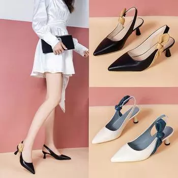 Temperament Pointed Toe High Heels 2024 Summer New Soft Sheepskin Shallow Mouth Bow Word with Stiletto Sandals Women 35 бежевый
