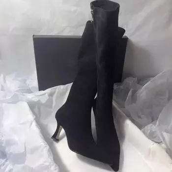 Temperament Pointed Toe Knee-High Boot Sexy Thigh High Boots Womens Modern Shoes Side Zipper Suede Elastic High Heels Zapatos 34 чёрный