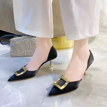 Temperament Pointed Toe Ladies Pumps 2024 New Fashion Metal Decoration Thin Heel High Heels Korean Mid Hollow Party Dress Shoes 34 чёрный
