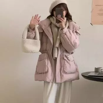 Temperament пуховик с капюшоном и поясом женская короткая зимняя куртка 2024 года с пряжкой из утолщенного и тонкого белого утиного пуха S оранжевый