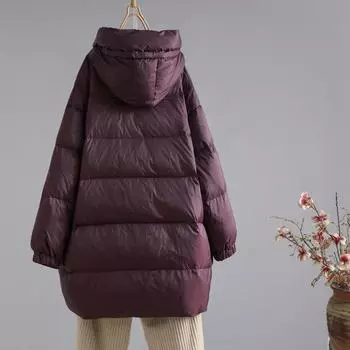 Temperament пуховик средней и длинной длины с капюшоном на молнии 2024 теплая и утолщенная повседневная большая версия белая куртка-пуховик в стиле ретро One size фиолетовый