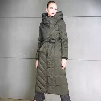 Temperament пуховик женский длинный тонкий и зимняя утолщенная нерегулярная конструкция молния с капюшоном белый утиный пуховик S recommends 85-50kg wear чёрный