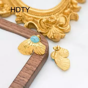 Temperament retro butterfly inlaid natural stone earrings titanium steel plated 18k gold fashion design earrings золотой