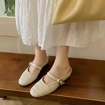 --Темперамент ретро римские травяные плетеные полутапочки женские ленивые тапочки с наклонным каблуком на одной педали 35