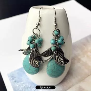 Temperament retro turquoise earrings, ancient silver water drop fringed earrings, women s versatile long ear jewelry