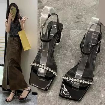 Temperament Rhinestone Line с квадратной головкой, толстым каблуком и открытым носком, модные, все удобные, нескользящие сандалии для женщин 35 чёрный