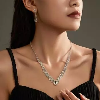 Темперамент Роскошные блестящие серьги-колье со стразами, комплект из двух частей, модные серьги-подвески с белыми кристаллами в форме капли воды