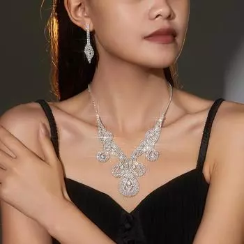 Темперамент Роскошные блестящие стразы ожерелье серьги комплект из двух частей модные свадебные украшения свадебные аксессуары