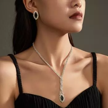 Темперамент Роскошный сверкающий комплект из двух серег и ожерелья со стразами, стильные свадебные украшения с черными драгоценными камнями, свадебные аксессуары