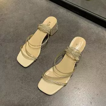 Temperament sandals women s super middle heel summer new rhinestone thick heel niche Roman shoes trend 35