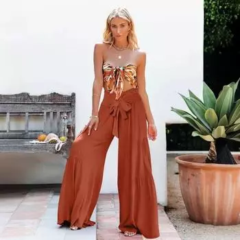 Temperament Шнуровка Эластичный пояс Плиссированные брюки Широкие брюки Повседневные брюки S