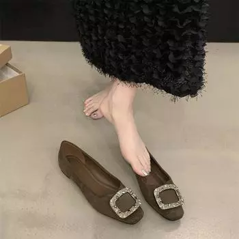 Temperament single shoes round head shallow mouth women s shoes spring 2024 new rhinestone square buckle soft flat bottom French style with skirt la 35 бордовый