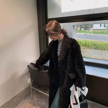 Темперамент сестра шерсть мода овчина топ женский костюм воротник свободный мех овчина шерсть пальто женское зимнее S чёрный