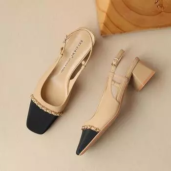 Темперамент Сяосянфэн~ сандалии на среднем каблуке с цепочкой и цветовой гаммой, женские летние туфли Мэри Джейн с закрытым мыском и толстым каблуком 34 хаки