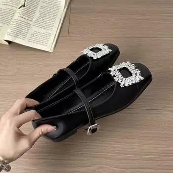 Temperament square head buckle Mary Jane shoes flat bottom shallow mouth single shoes with skirt rhinestone fashion single shoes women 35