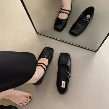 Temperament square head single shoes summer glossy fashion flat bottom women s shoes soft sole square head Mary Jane shoes 35