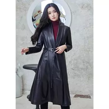 Temperament Средняя и длинная овчина кожаная куртка талия тонкий и тонкий плащ женский M чёрный