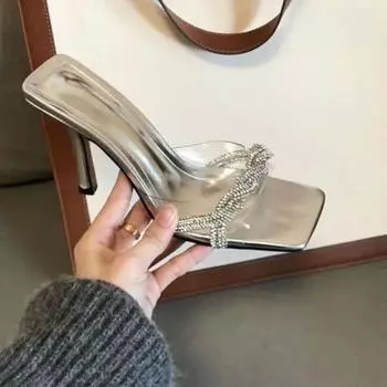 Temperament Stiletto Sandals Летние новые квадратные босоножки с открытым носком и кристальным тонким ремешком, нескользящие, износостойкие, на высоком каблуке 35