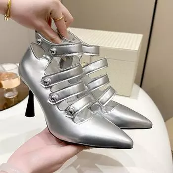 Temperament Stiletto Sandals Spring New Pointed Head Shallow Hollow Metal Buckle Anti-slip Wear-resistant High Heels 35