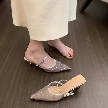 Temperament стразы носок полутапочки женская обувь носить весна лето 2025 сетчатые дышащие босоножки на высоком каблуке 35 белый