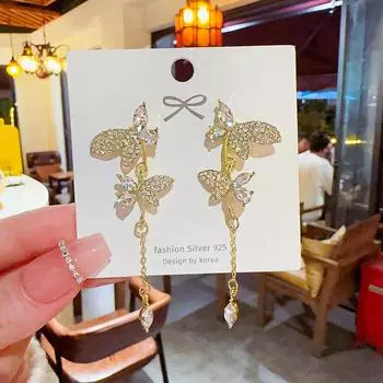 Temperament Sweet Silver Needle Earrings High Sense New Earrings Women s Luxury Full Drill Long Butterfly Tapels.