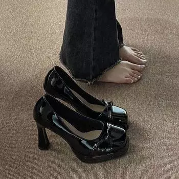 Temperament светская львица толстый каблук одинарные женские туфли весна-лето 2024 новые французские нишевые универсальные юбки белые высокие каблуки 77 follow-up posts чёрный