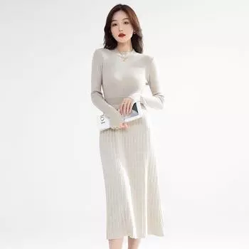 Temperament Талия Толстые вставки Трикотажное платье Модные женские пожилые Sense of Bottoming свитер юбка Осень Зима Элегантные женские трикотажные платья S чёрный