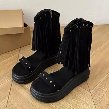 Temperament tassel cool boots design sense women s cool slippers comfortable suede short boots heightening one word fashion sandals single shoes 35