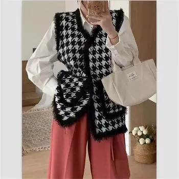 Temperament Thousand Birds сетчатый маленький ароматный жилет 2024 осень новый ретро свободный черно-белый сращивающийся безрукавный свитер женский тренд one size fits all белый