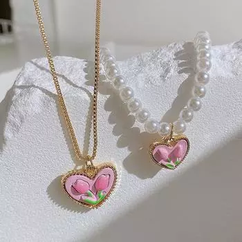 Temperament Tulip Chain Necklace Asymmetric Sweet Clavicle Chain Fashion Tulip Earrings Gift imitation pearl necklace