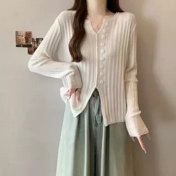 темперамент уникальный V-образный вырез пуговицы полоса вязаный свитер тонкий внутренняя часть рубашка верхняя одежда one size fits all хаки