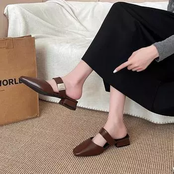 Temperament универсальные полутапочки с сумкой на голову женские летние новые ретро толстые низкие каблуки Мэри Джейн сандалии на наклонном каблуке ленивые туфли 35 чёрный