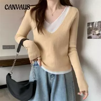 Темперамент V-образный вырез трикотаж низ топы женский осенний тонкий пуловер свитер One Size серый