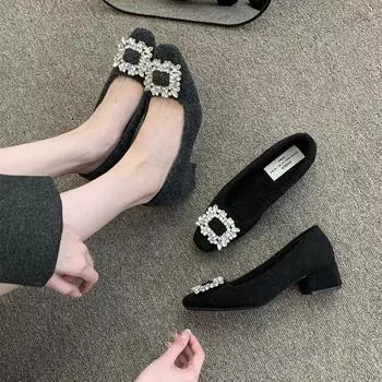 Temperament velvet flat-soled single shoes shallow mouth 2024 warm new square buckle celebrity fashion rhinestone autumn and winter cotton shoes women 35 чёрный