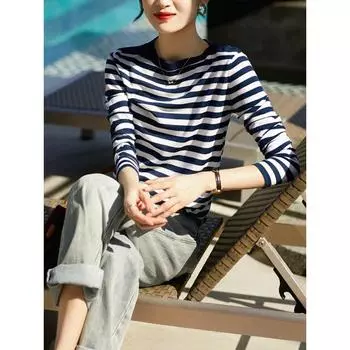 Temperament Versatile Contrasting Blue White Striped Sweater Women s Clothing Spring Autumn New Loose Round Neck Top S