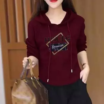 Темперамент Весна Новый Чистый Хлопок Женский С Капюшоном Письменный Принт Повседневный Длинный Рукав Короткие Тонкие Толстовки Топы S винный