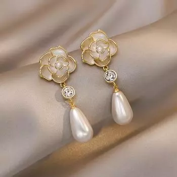 Temperament Water Drop Pearl Earrings Women 925 Silver Needle Flower Camellia Water Drop Pearl