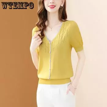 Temperament Женская трикотажная футболка с V-образным вырезом Ice Silk Летняя ажурная универсальная футболка с коротким рукавом Тонкая S жёлтый